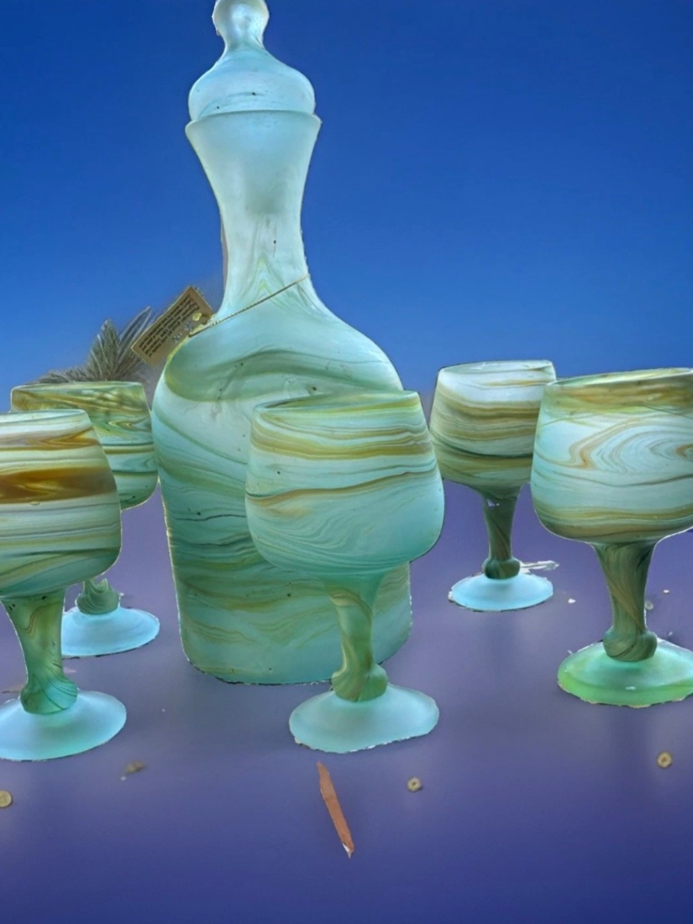 Vintage Phoenician Hebron Art Glass Decanter Set 5 Goblets & Tagged Carafe